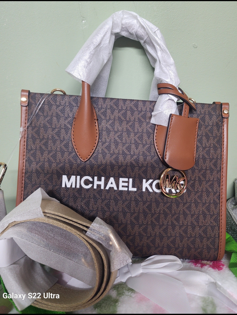 Michael Kors Brown Logo Satchel with Tan Accents